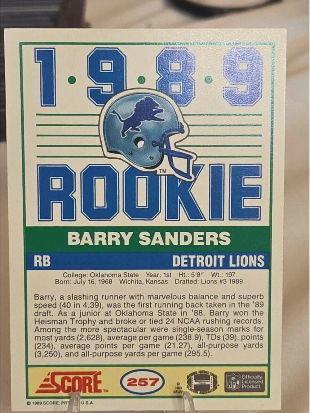 1989 SCORE BARRY SANDERS FOOTBALL ROOKIE CARD LIONS RC #257